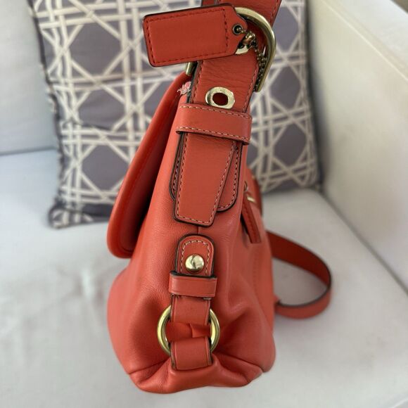 Auth Coach Leather Z23987 Medium Flap Shoulder Crossbody Duffle Bag Orange Coral - Picture 12 of 16